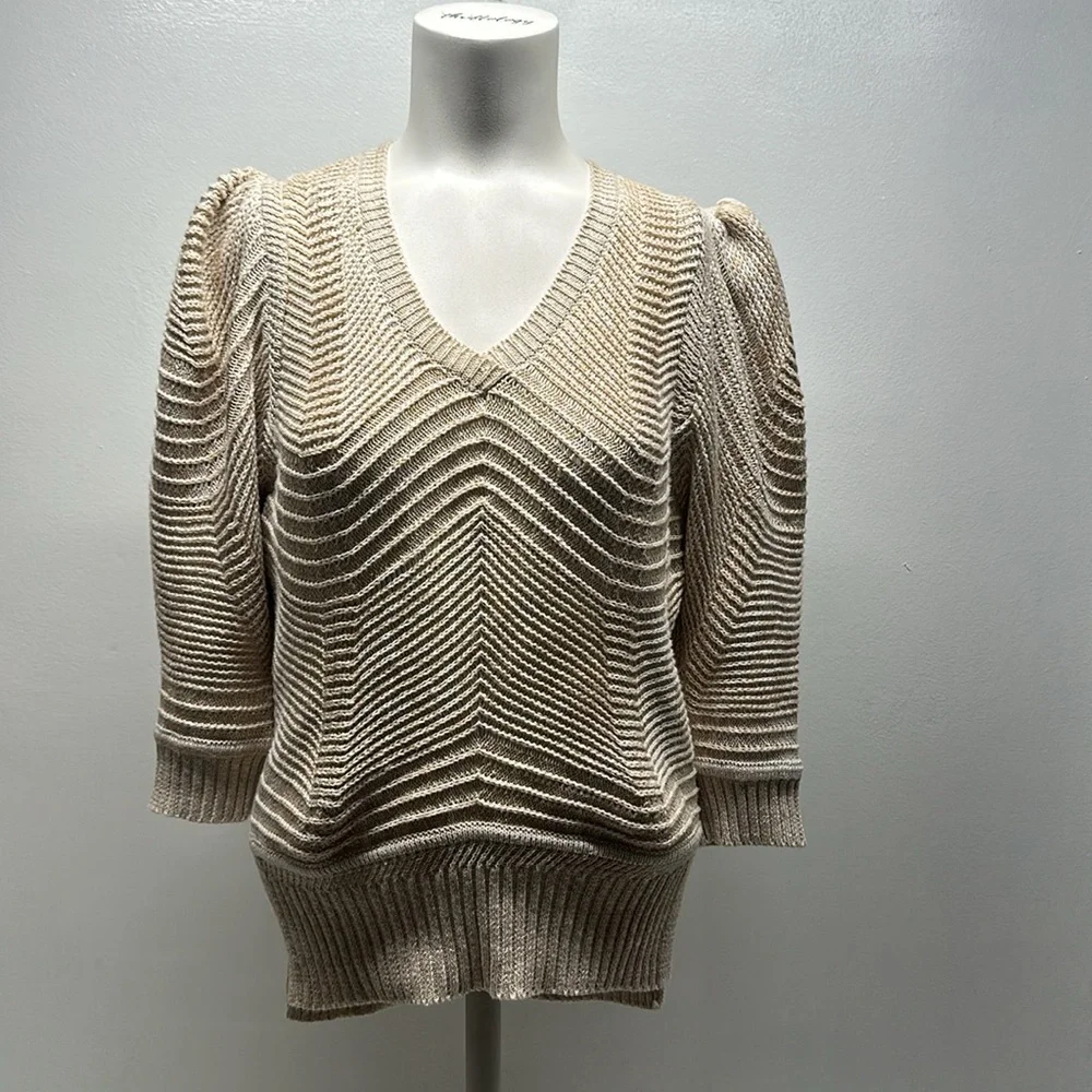 Brochu Walker The Arya Vee Sweater Linen Cotton Puff Sleeve Cream Marle Size XS_2